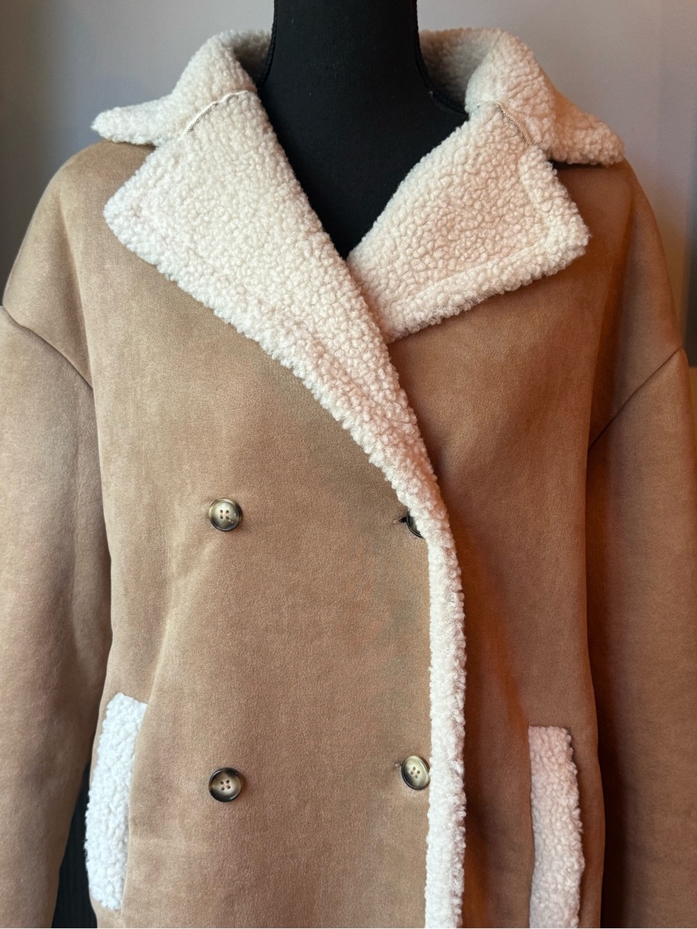 Yozy Long Double-Breasted Shearling-Trim Trench Coat in Camel NWT Medium - Picture 2 of 9